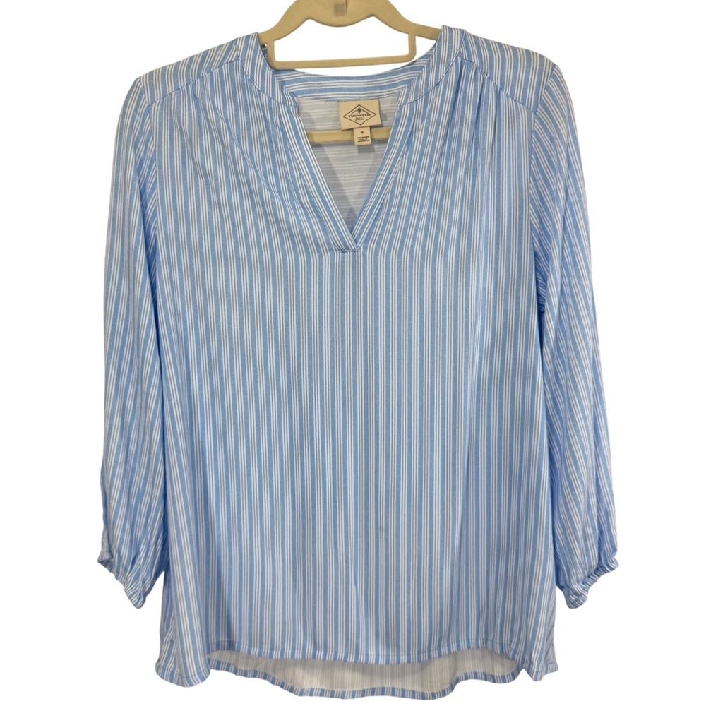 St John's Bay Women's Blue White Striped Long Sleeve V Neck Blouse‎ Size S